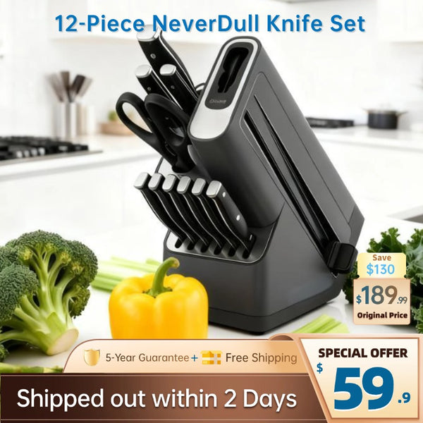 12-Piece German Steel Knife Set with Auto-Sharpening Block – Stays Razor-Sharp for 10+ Years, Just Swipe to Sharpen