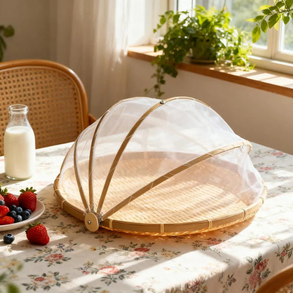 Collapsible Mesh Food Cover with Bamboo Tray